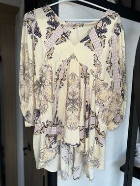Free People Cream Paisley V-Neck Tunic with Purple Accents
